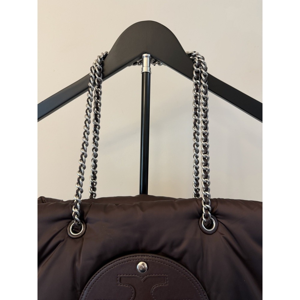 Tory Burch Ella Puffy Chain Tote Brown Tempranillo Nylon Bag Large - Picture 4 of 13